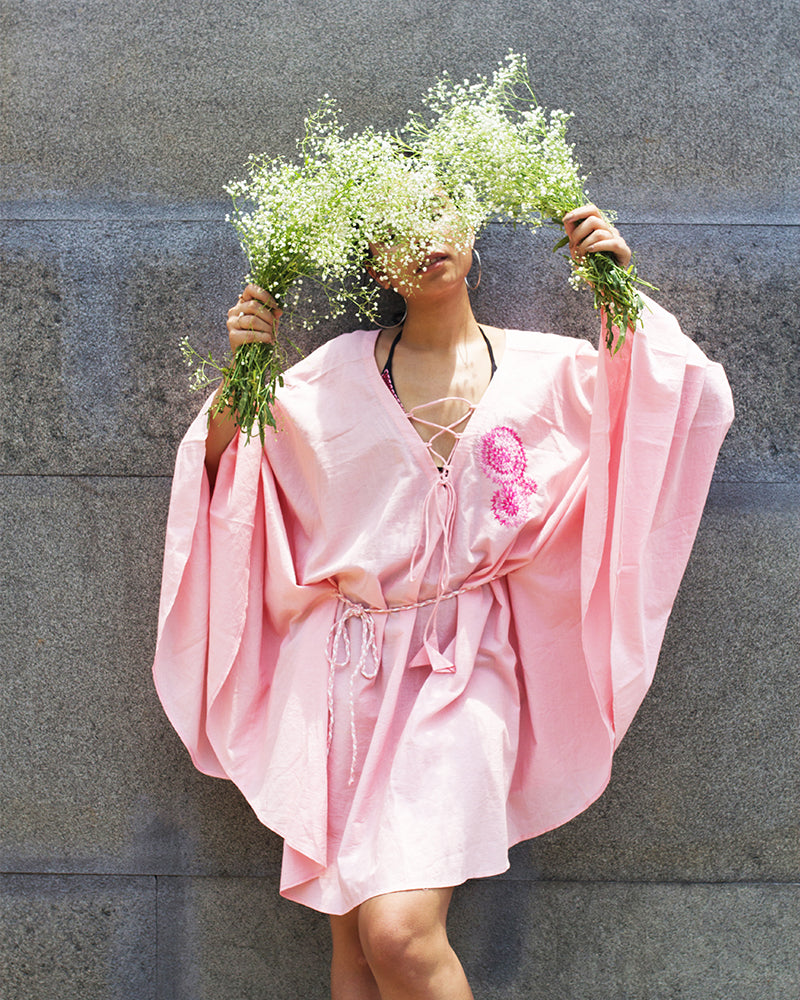 Aloe Vera Infused Organic Cotton Pink Kaftan with Embroidery