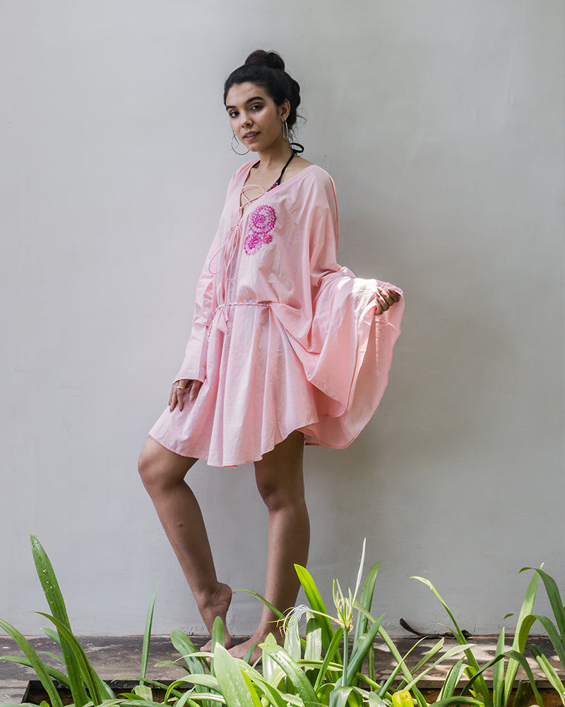 Aloe Vera Infused Organic Cotton Pink Kaftan with Embroidery