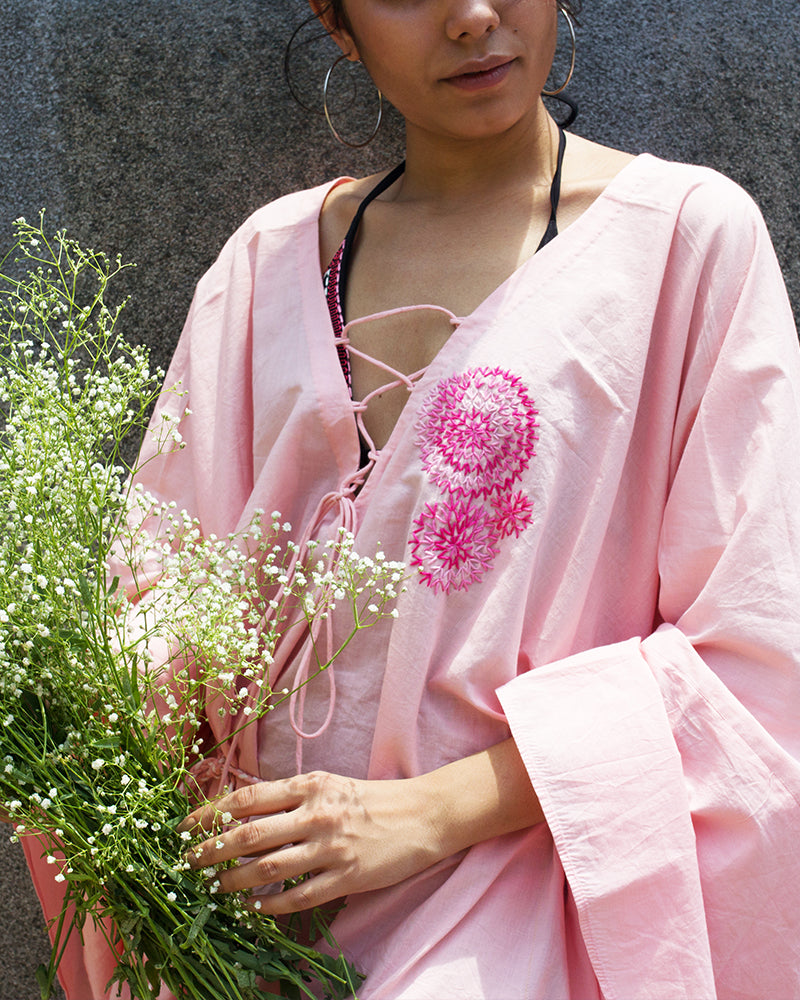 Aloe Vera Infused Organic Cotton Pink Kaftan with Embroidery