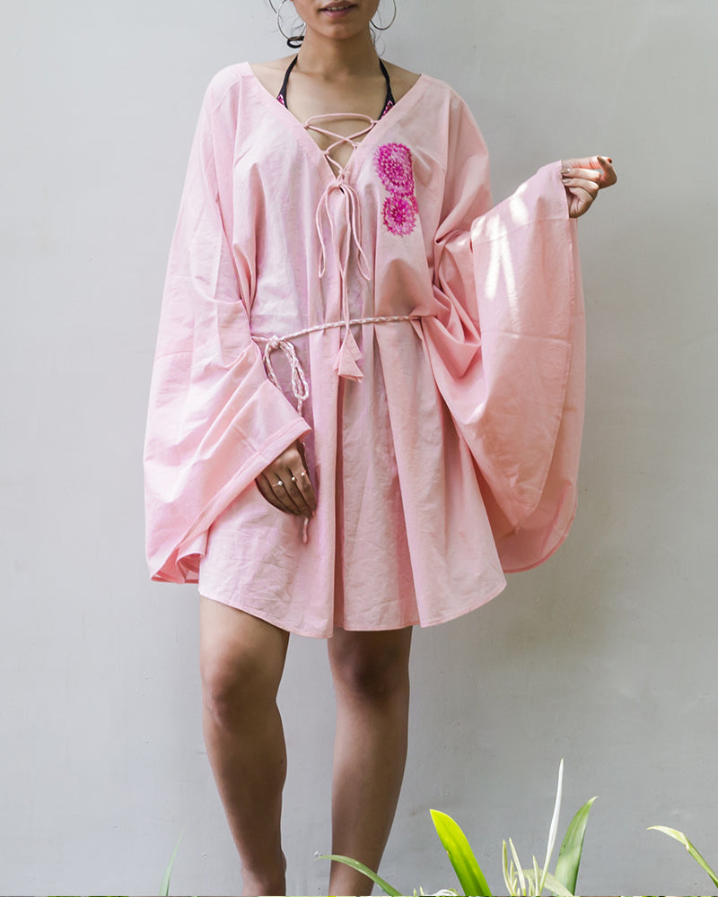 Aloe Vera Infused Organic Cotton Pink Kaftan with Embroidery