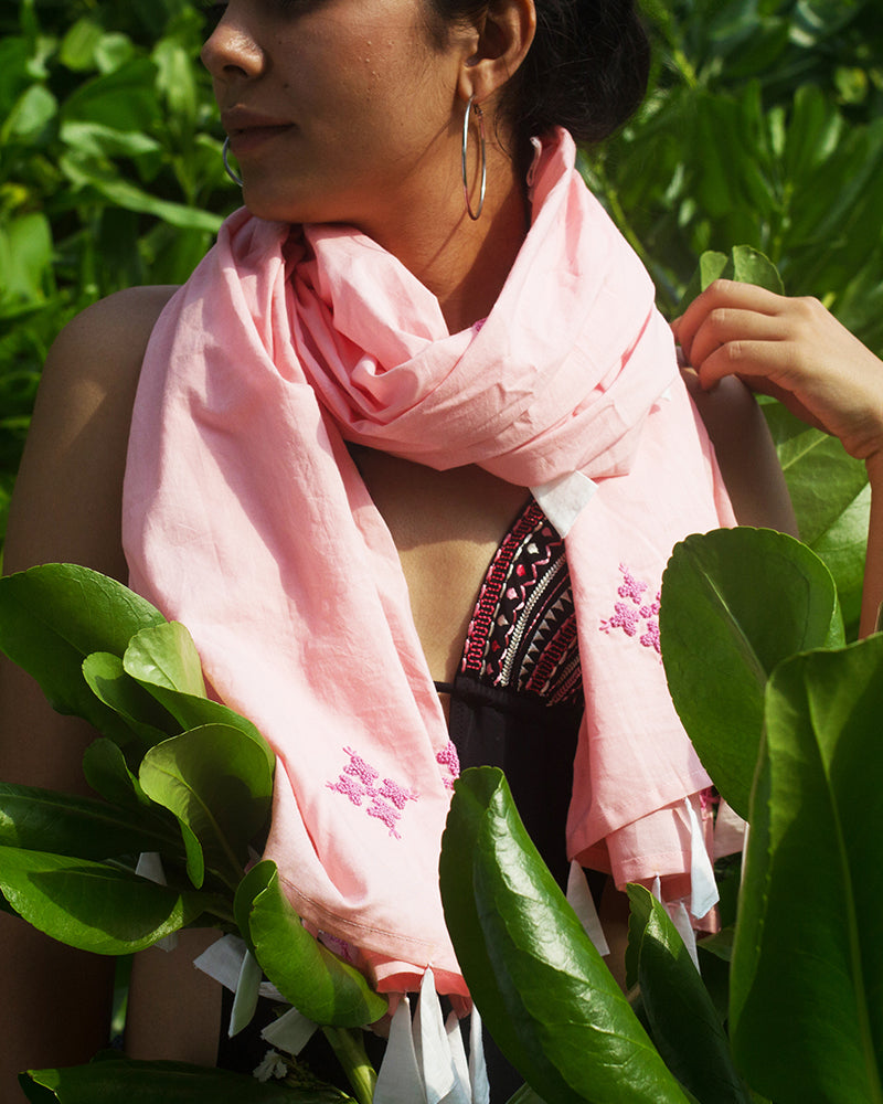 Aloe Vera Infused Organic Cotton Pink Scarf with Hand Embroidery