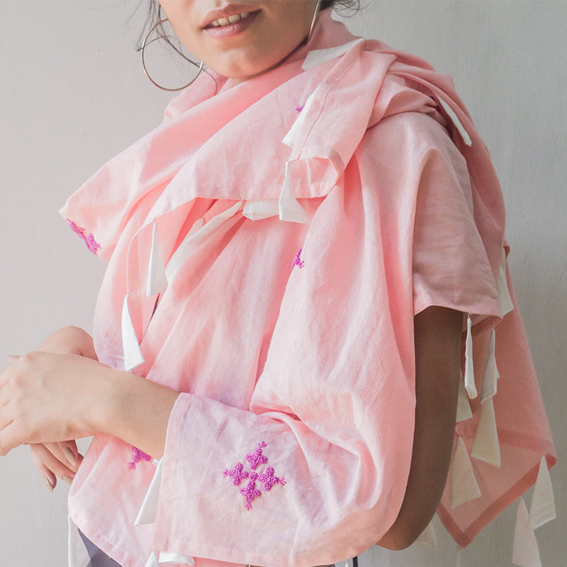 Aloe Vera Infused Organic Cotton Pink Scarf with Hand Embroidery