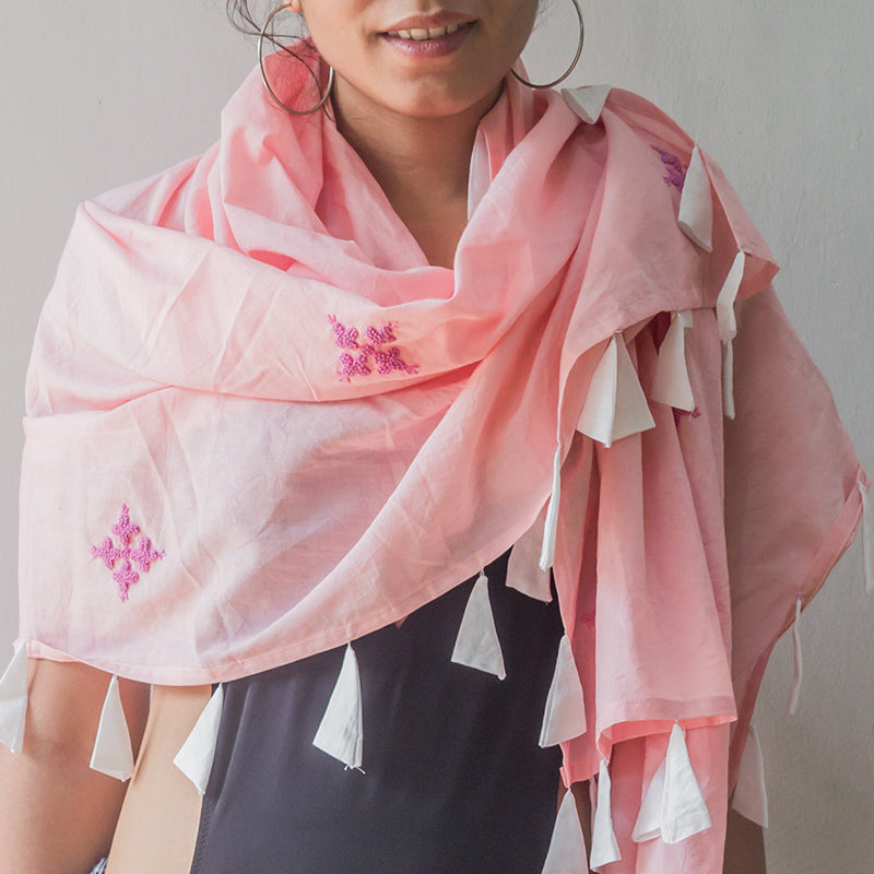 Aloe Vera Infused Organic Cotton Pink Scarf with Hand Embroidery