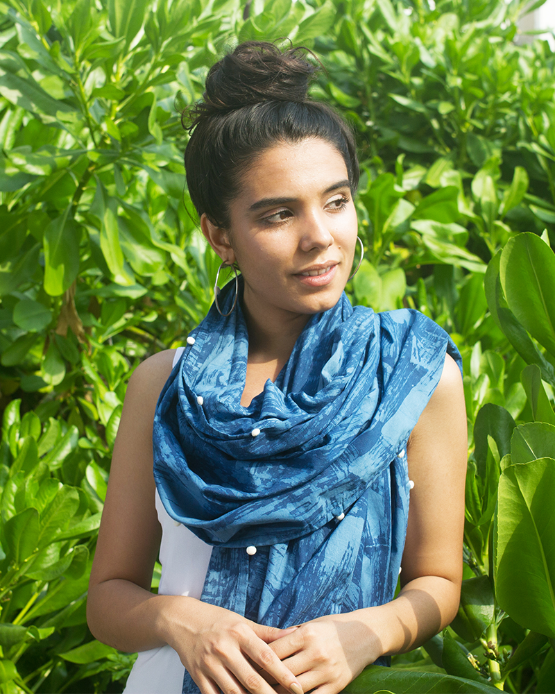 Aloe Vera Infused Organic Cotton Printed Pom Pom Scarf