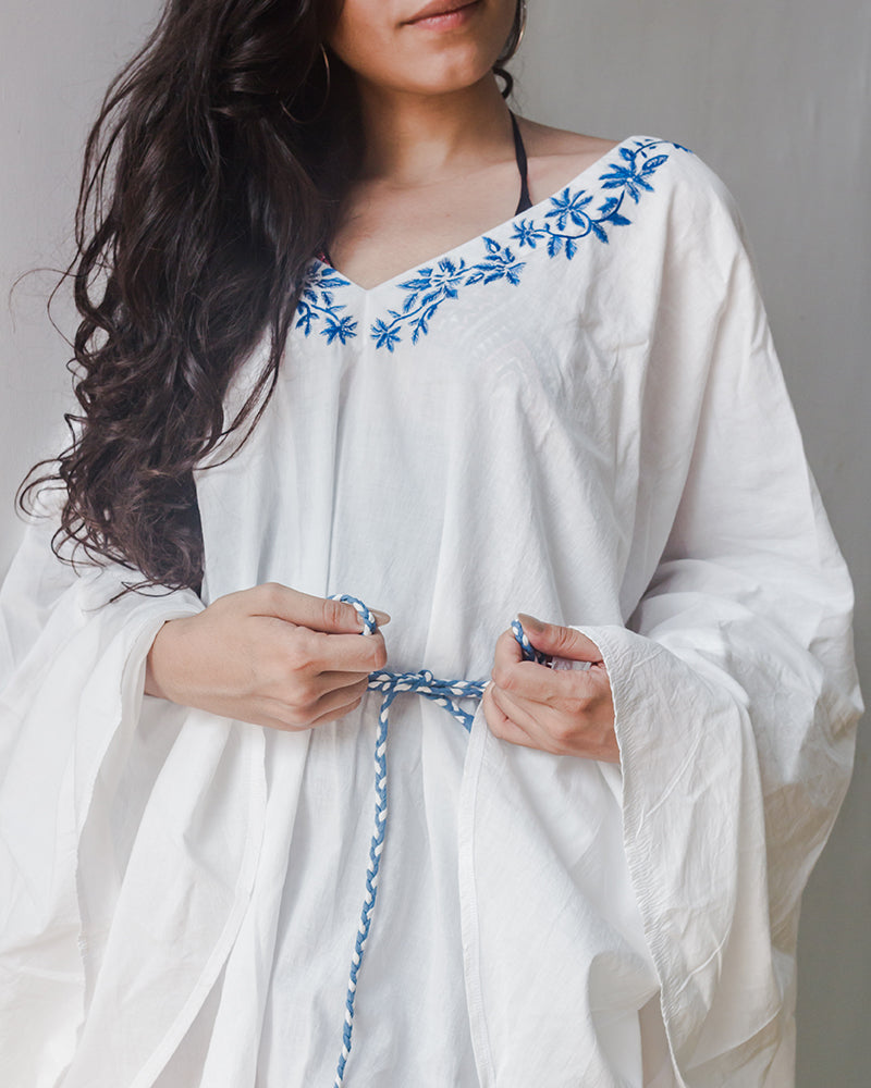 Aloe Vera Infused Organic Cotton White Kaftan with Embroidery