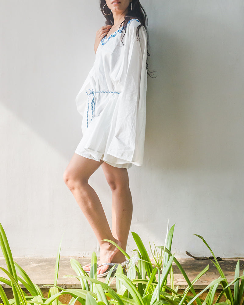 Aloe Vera Infused Organic Cotton White Kaftan with Embroidery