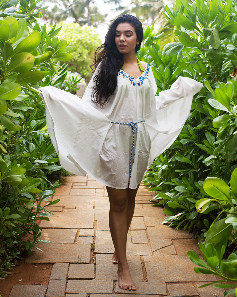 Aloe Vera Infused Organic Cotton White Kaftan with Embroidery