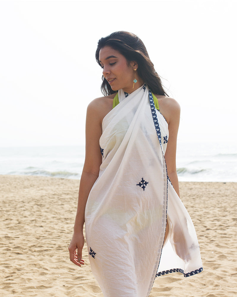 Aloe Vera Infused White Organic Cotton Sarong with Hand Embroidery