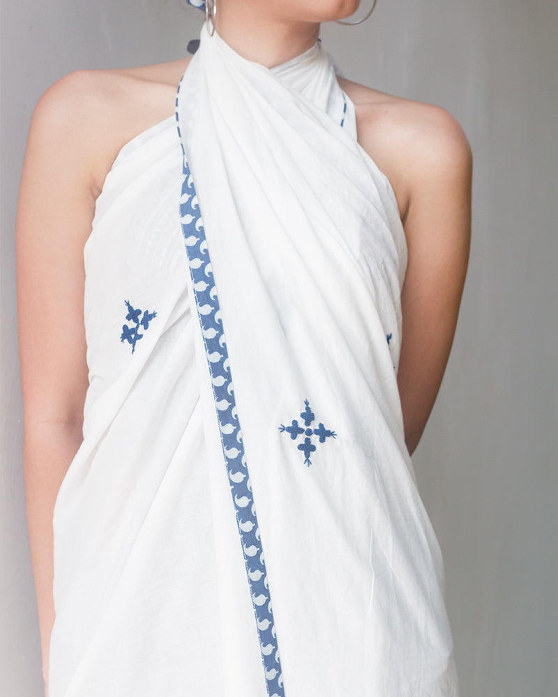 Aloe Vera Infused White Organic Cotton Sarong with Hand Embroidery