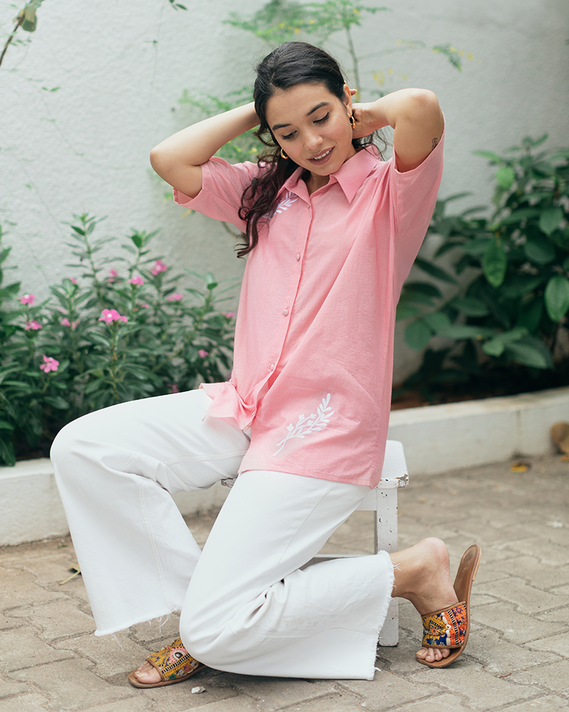 Elegant Organic Pink Shirt with Embroidery