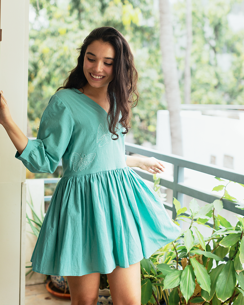 Girl Next Door Green Organic Cotton Dress with Embroidery