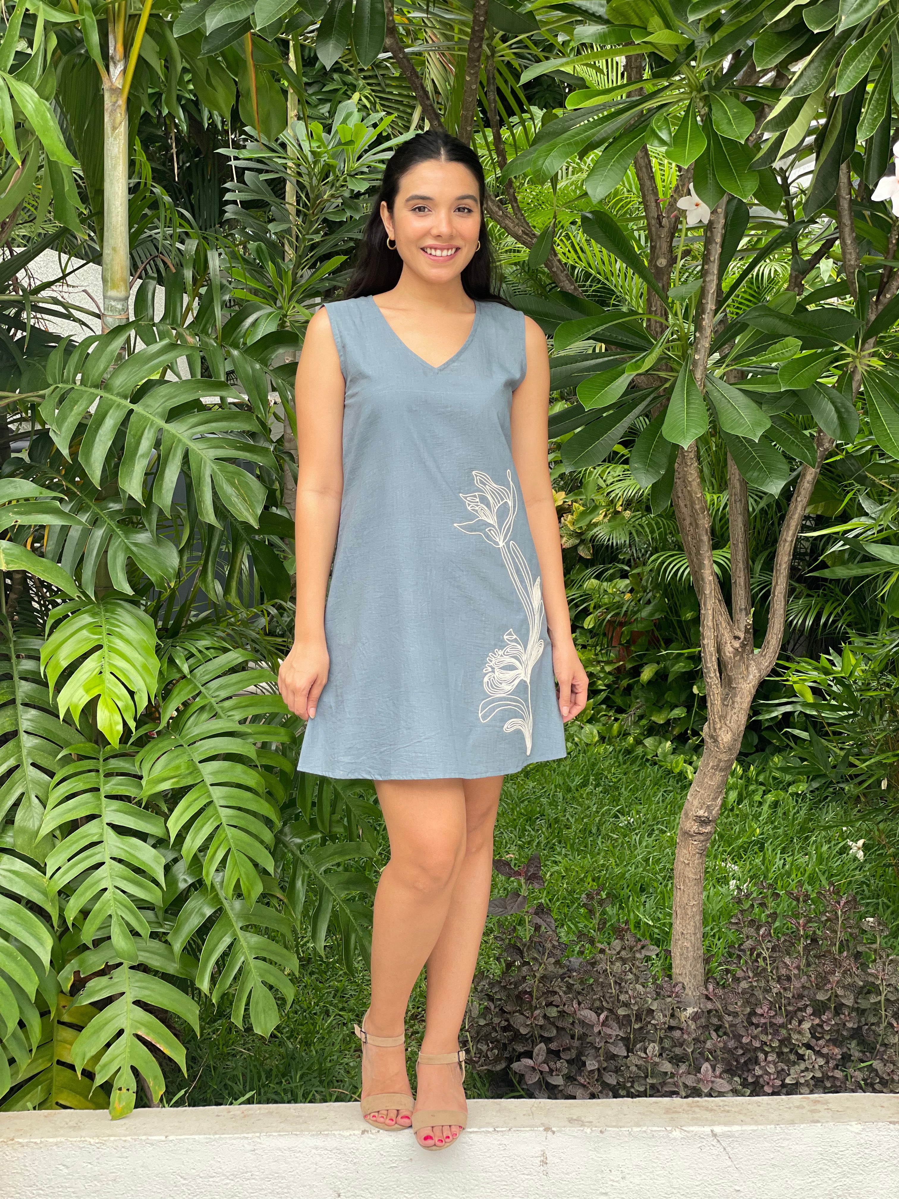 Silver Petal A-Line Organic Cotton Dress