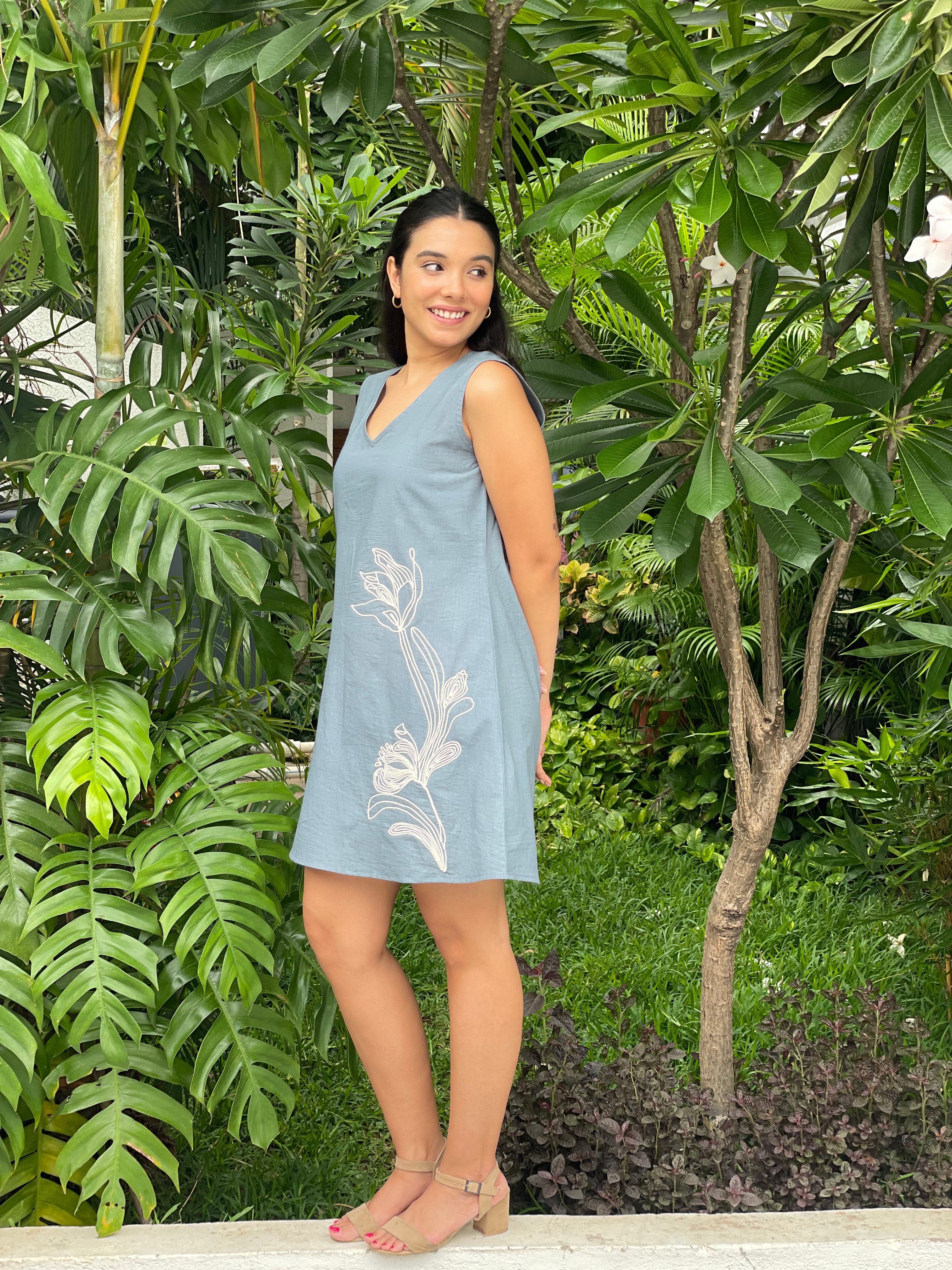 Silver Petal A-Line Organic Cotton Dress