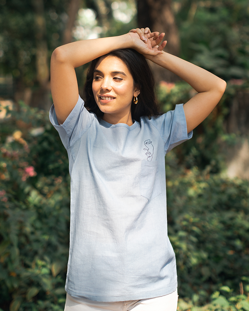 Peekabo Half Face Blue Organic Cotton Top