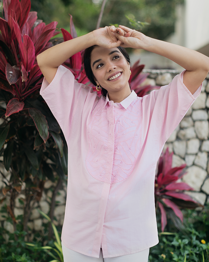 Pink Organic Cotton Shirt With Yoke Embroidery