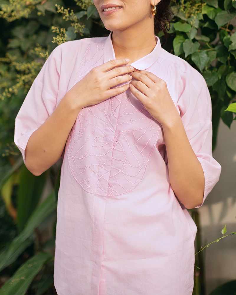 Pink Organic Cotton Shirt With Yoke Embroidery