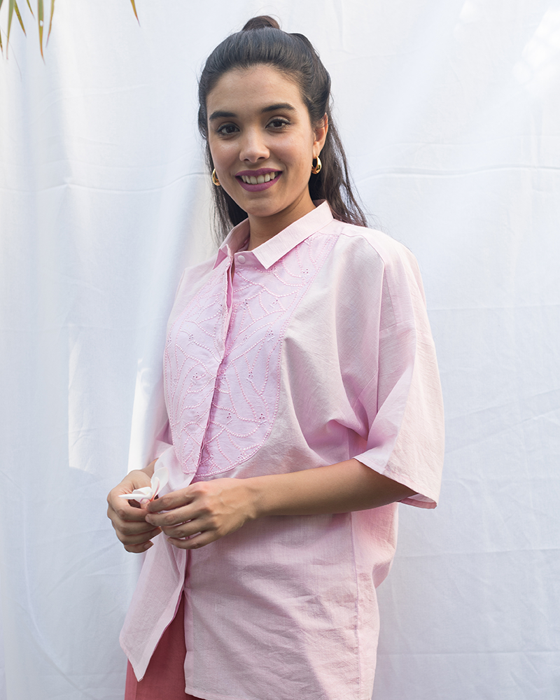 Pink Organic Cotton Shirt With Yoke Embroidery