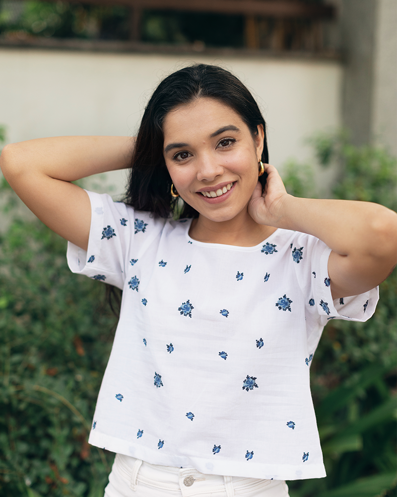 White Organic Cotton Crop Top with Blue Flowers