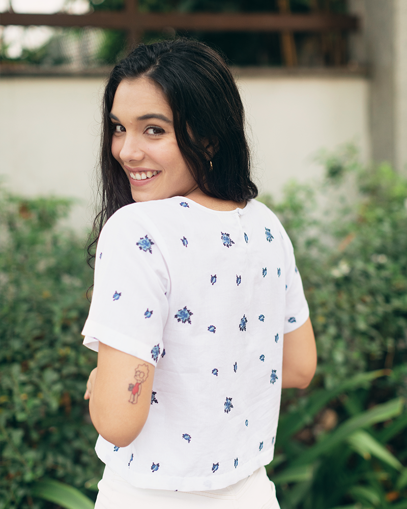 White Organic Cotton Crop Top with Blue Flowers